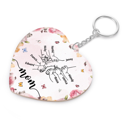 8 Names - Personalized Keychain Customized 8 Names and 1 Text Hand in Hand Keychain Gift for Mum/Nana
