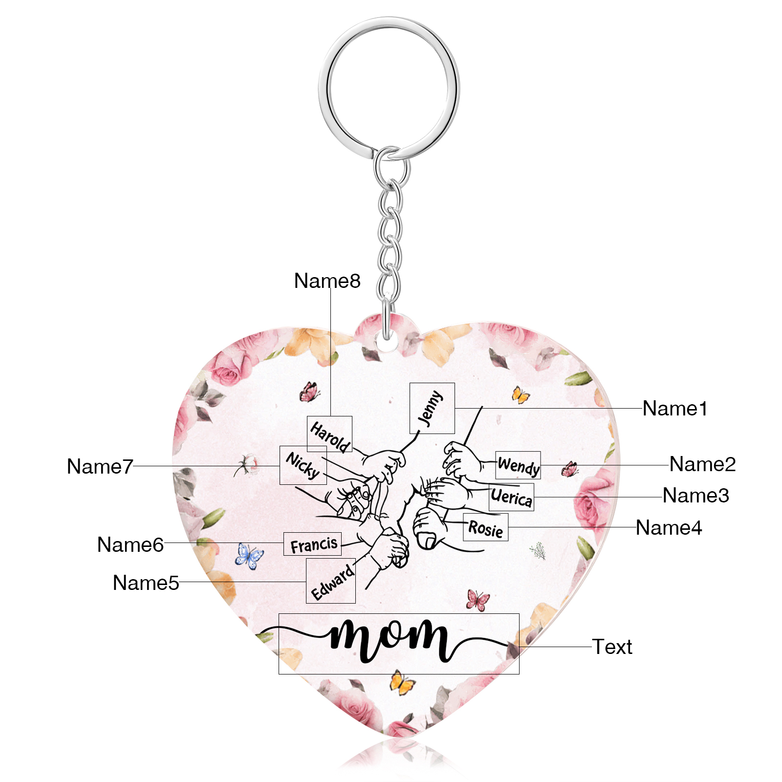 8 Names - Personalized Keychain Customized 8 Names and 1 Text Hand in Hand Keychain Gift for Mum/Nana