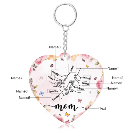8 Names - Personalized Keychain Customized 8 Names and 1 Text Hand in Hand Keychain Gift for Mum/Nana