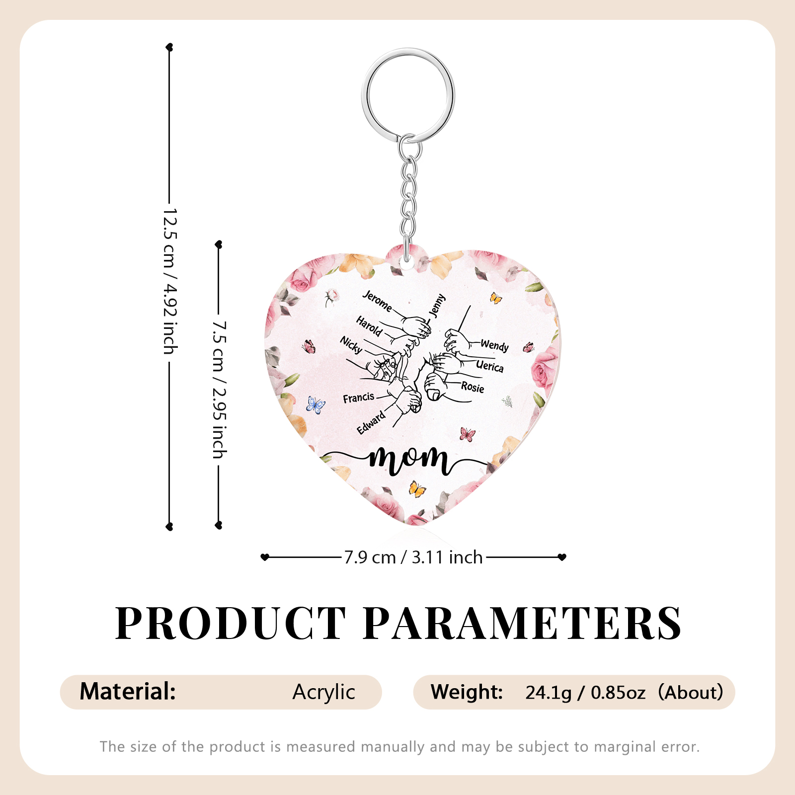 9 Names - Personalized Keychain Customized 9 Names and 1 Text Hand in Hand Keychain Gift for Mum/Nana