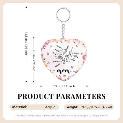 9 Names - Personalized Keychain Customized 9 Names and 1 Text Hand in Hand Keychain Gift for Mum/Nana