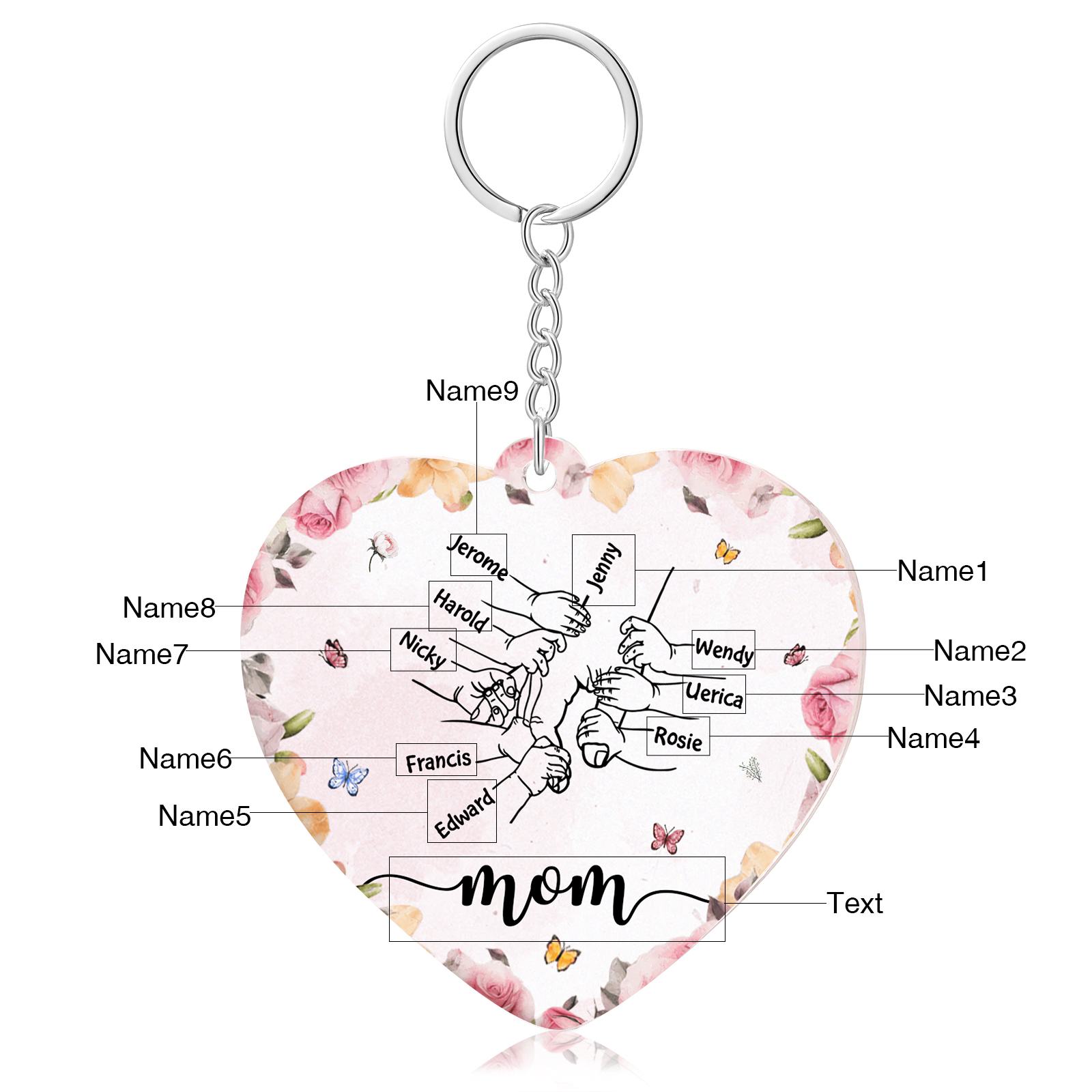 9 Names - Personalized Keychain Customized 9 Names and 1 Text Hand in Hand Keychain Gift for Mum/Nana