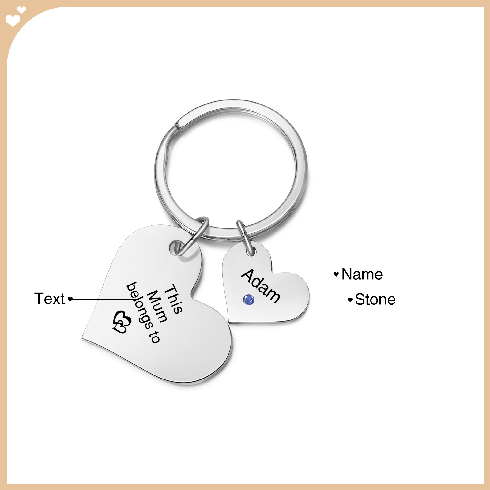 Personalised Heart Keyring – Custom 1-6 Names, Birthstones & Text – "This Mum Belongs To" – Unique Mother's Day Gifts for Her | Jessemade