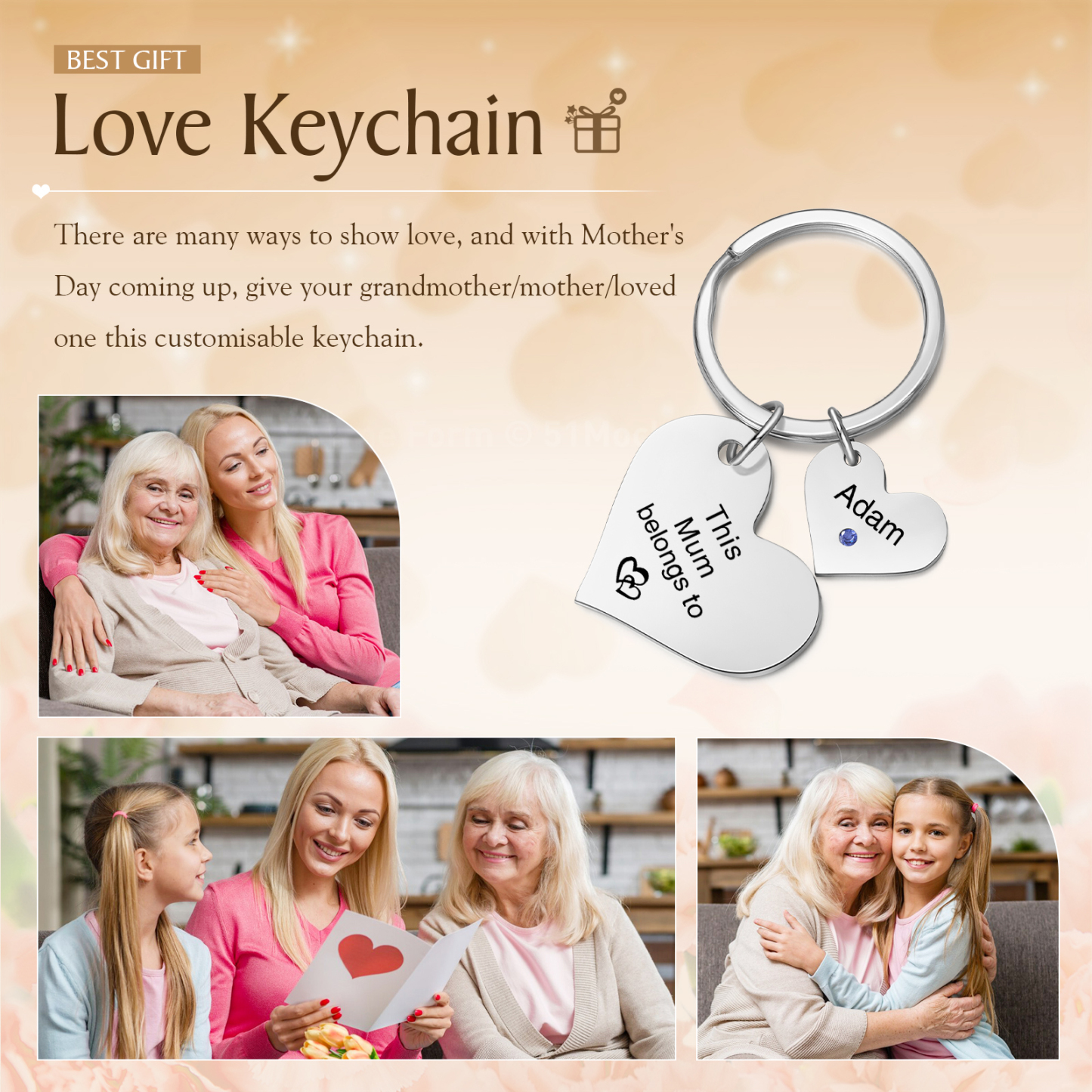 Personalised Heart Keyring – Custom 1-6 Names, Birthstones & Text – "This Mum Belongs To" – Unique Mother's Day Gifts for Her | Jessemade