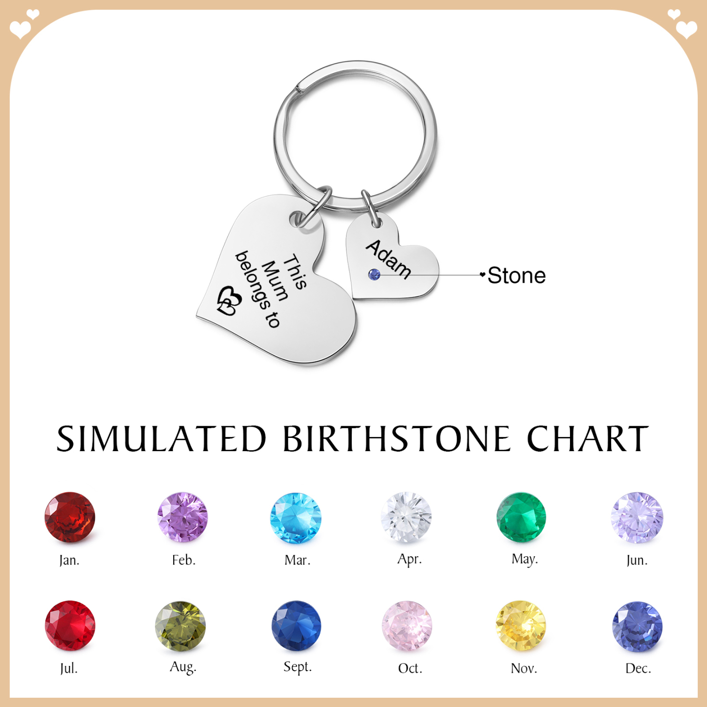 Personalised Heart Keyring – Custom 1-6 Names, Birthstones & Text – "This Mum Belongs To" – Unique Mother's Day Gifts for Her | Jessemade