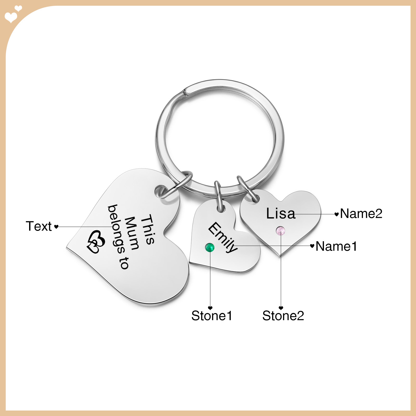 Personalised Heart Keyring – Custom 1-6 Names, Birthstones & Text – "This Mum Belongs To" – Unique Mother's Day Gifts for Her | Jessemade