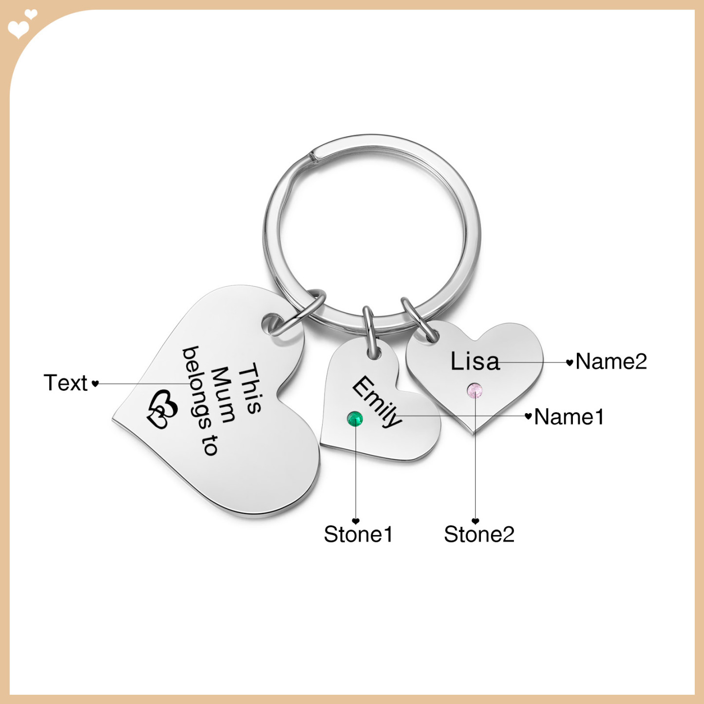 Personalised Heart Keyring – Custom 1-6 Names, Birthstones & Text – "This Mum Belongs To" – Unique Mother's Day Gifts for Her | Jessemade