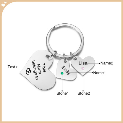 Personalised Heart Keyring – Custom 1-6 Names, Birthstones & Text – "This Mum Belongs To" – Unique Mother's Day Gifts for Her | Jessemade
