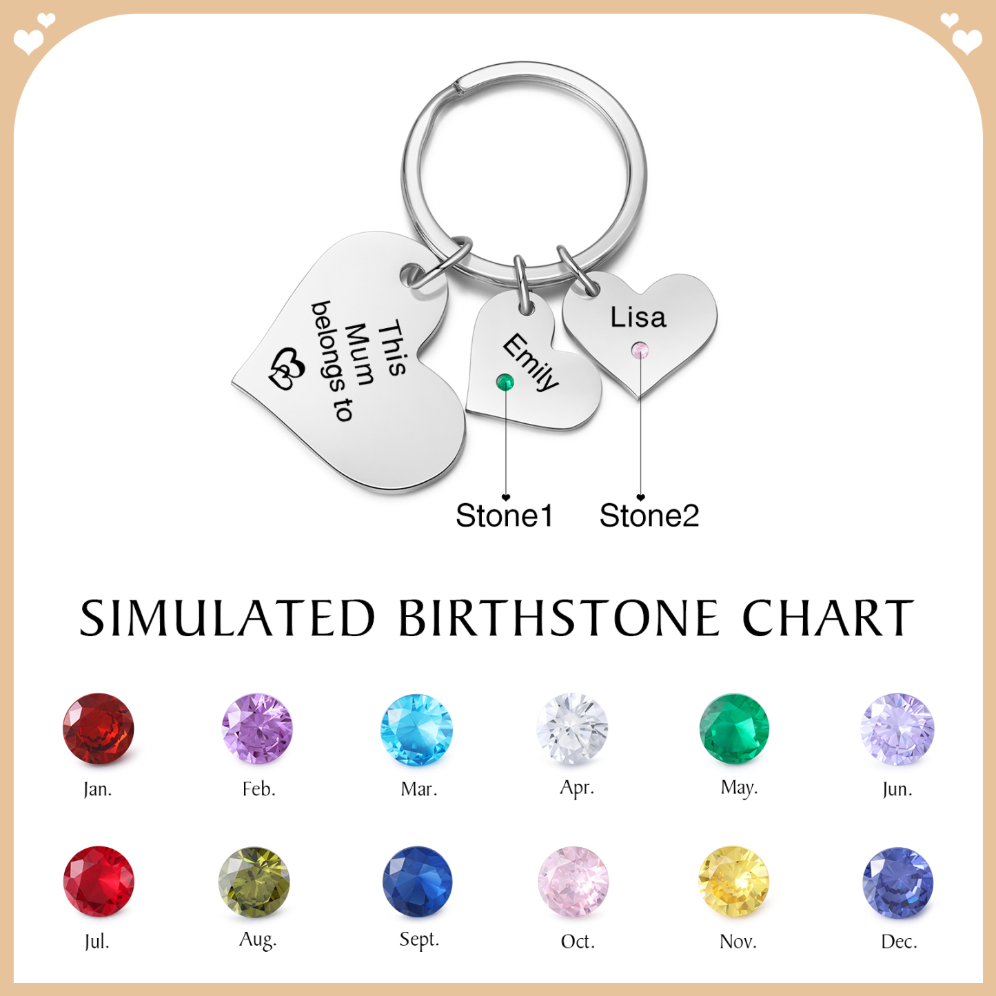 Personalised Heart Keyring – Custom 1-6 Names, Birthstones & Text – "This Mum Belongs To" – Unique Mother's Day Gifts for Her | Jessemade