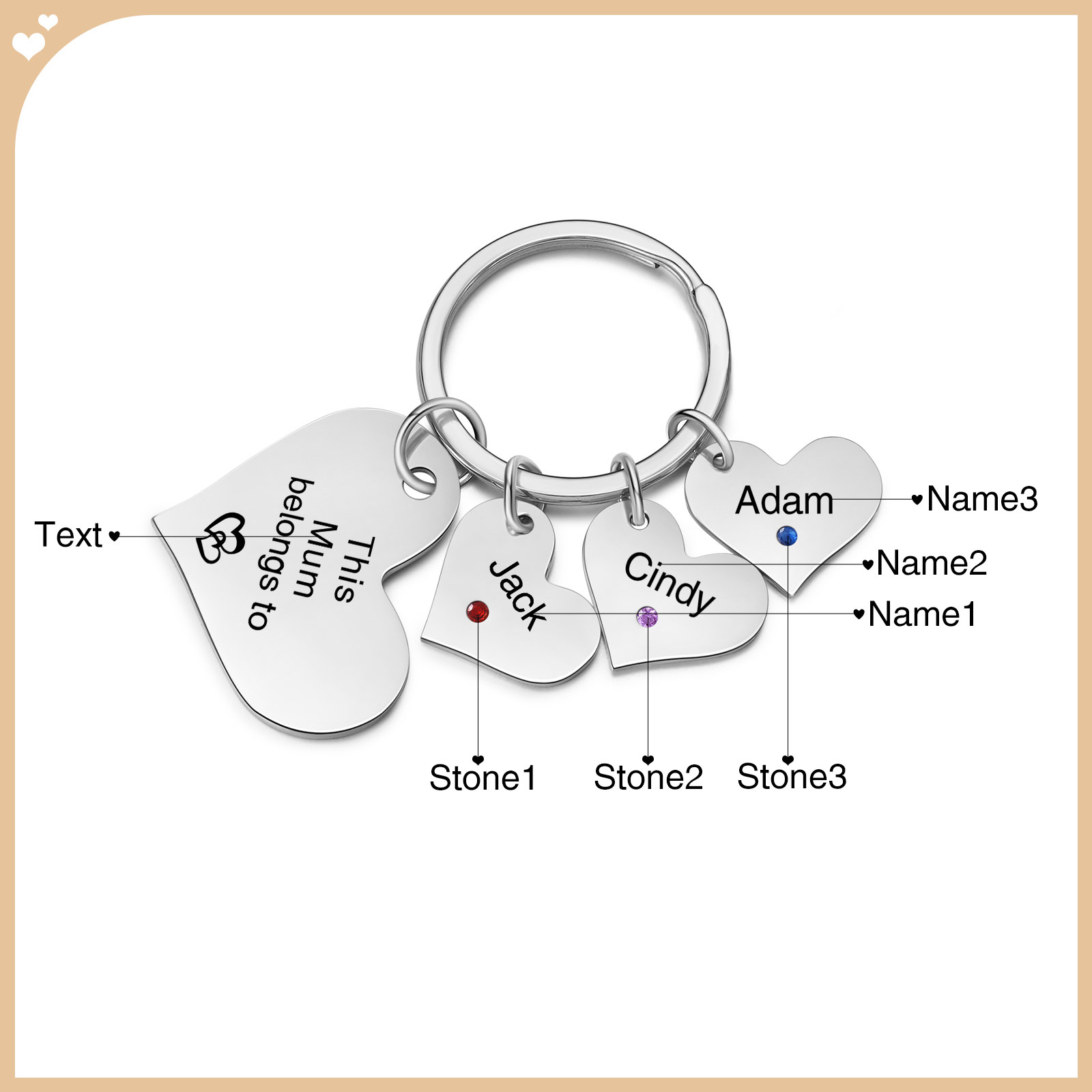 Personalised Heart Keyring – Custom 1-6 Names, Birthstones & Text – "This Mum Belongs To" – Unique Mother's Day Gifts for Her | Jessemade