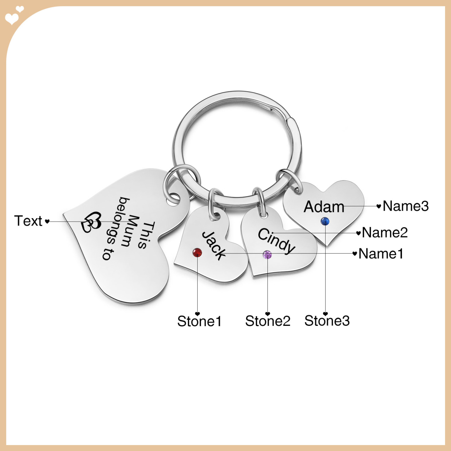 Personalised Heart Keyring – Custom 1-6 Names, Birthstones & Text – "This Mum Belongs To" – Unique Mother's Day Gifts for Her | Jessemade