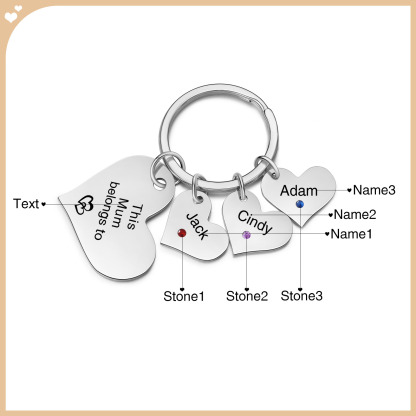 Personalised Heart Keyring – Custom 1-6 Names, Birthstones & Text – "This Mum Belongs To" – Unique Mother's Day Gifts for Her | Jessemade