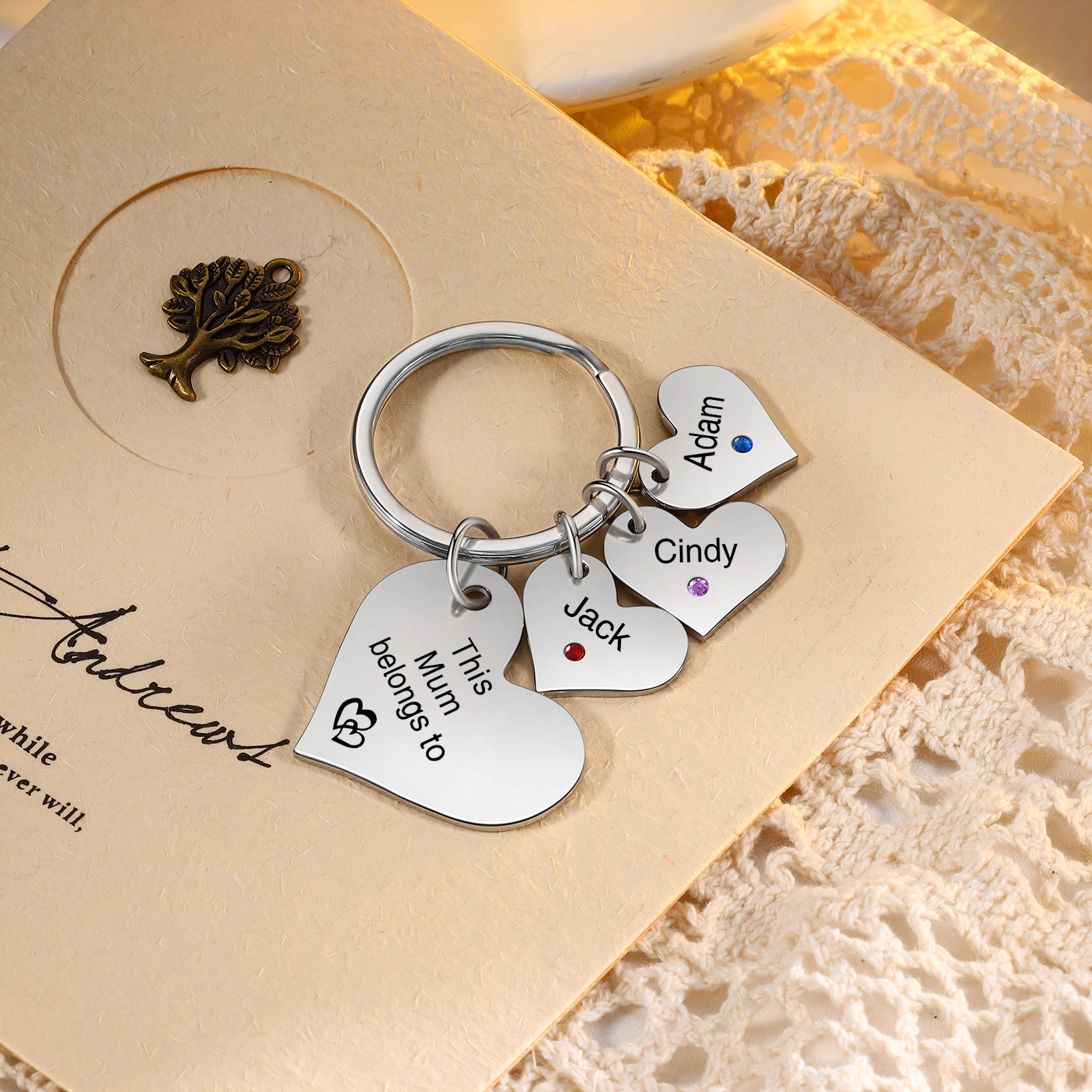 Personalised Heart Keyring – Custom 1-6 Names, Birthstones & Text – "This Mum Belongs To" – Unique Mother's Day Gifts for Her | Jessemade