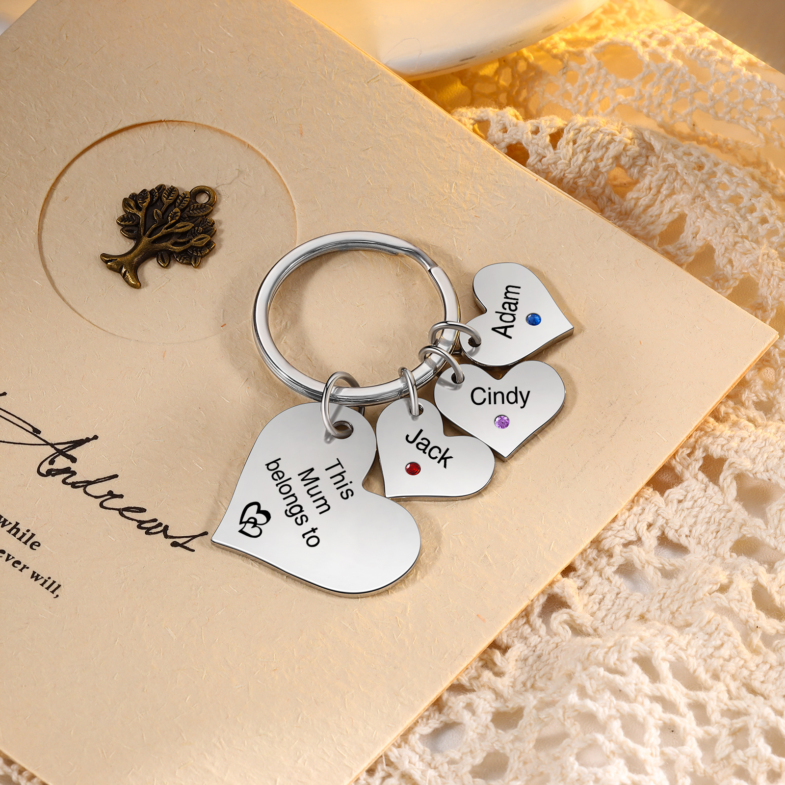 Personalised Heart Keyring – Custom 1-6 Names, Birthstones & Text – "This Mum Belongs To" – Unique Mother's Day Gifts for Her | Jessemade