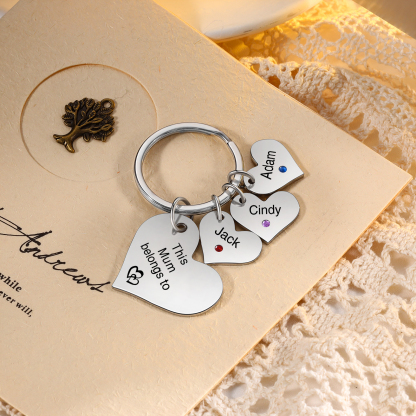 Personalised Heart Keyring – Custom 1-6 Names, Birthstones & Text – "This Mum Belongs To" – Unique Mother's Day Gifts for Her | Jessemade
