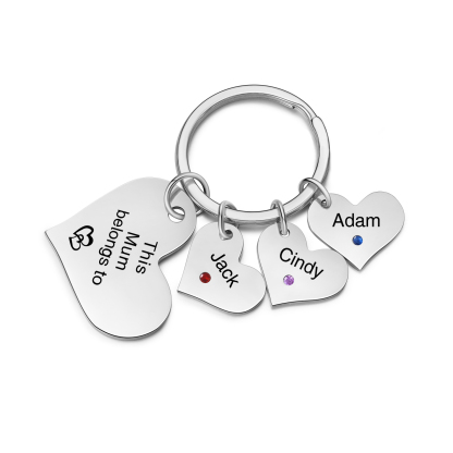 Personalised Heart Keyring – Custom 1-6 Names, Birthstones & Text – "This Mum Belongs To" – Unique Mother's Day Gifts for Her | Jessemade