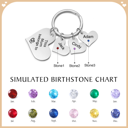 Personalised Heart Keyring – Custom 1-6 Names, Birthstones & Text – "This Mum Belongs To" – Unique Mother's Day Gifts for Her | Jessemade