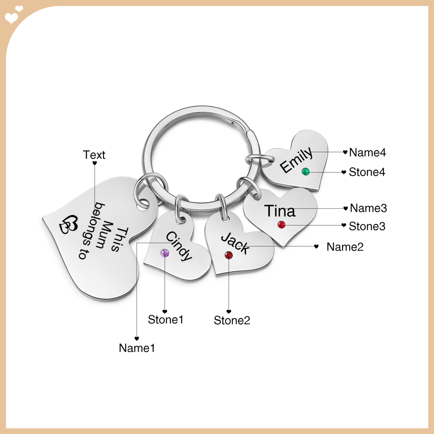 Personalised Heart Keyring – Custom 1-6 Names, Birthstones & Text – "This Mum Belongs To" – Unique Mother's Day Gifts for Her | Jessemade