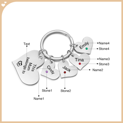 Personalised Heart Keyring – Custom 1-6 Names, Birthstones & Text – "This Mum Belongs To" – Unique Mother's Day Gifts for Her | Jessemade
