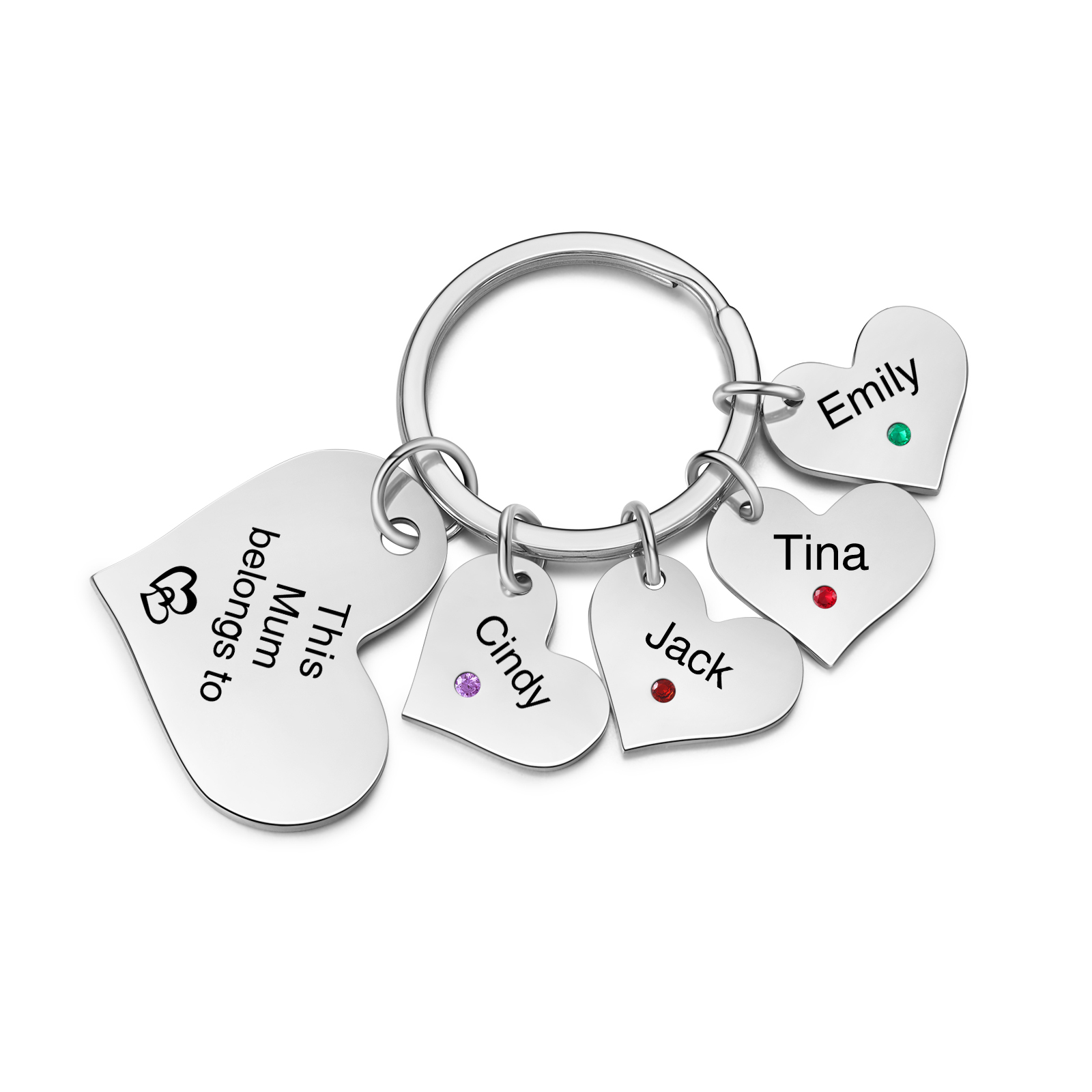 Personalised Heart Keyring – Custom 1-6 Names, Birthstones & Text – "This Mum Belongs To" – Unique Mother's Day Gifts for Her | Jessemade