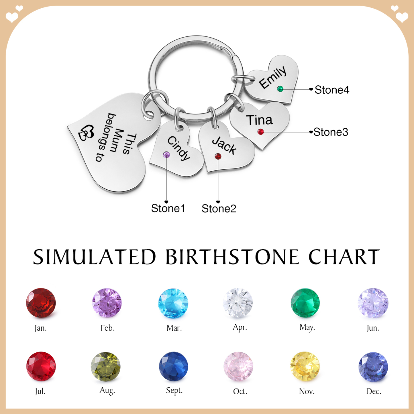 Personalised Heart Keyring – Custom 1-6 Names, Birthstones & Text – "This Mum Belongs To" – Unique Mother's Day Gifts for Her | Jessemade