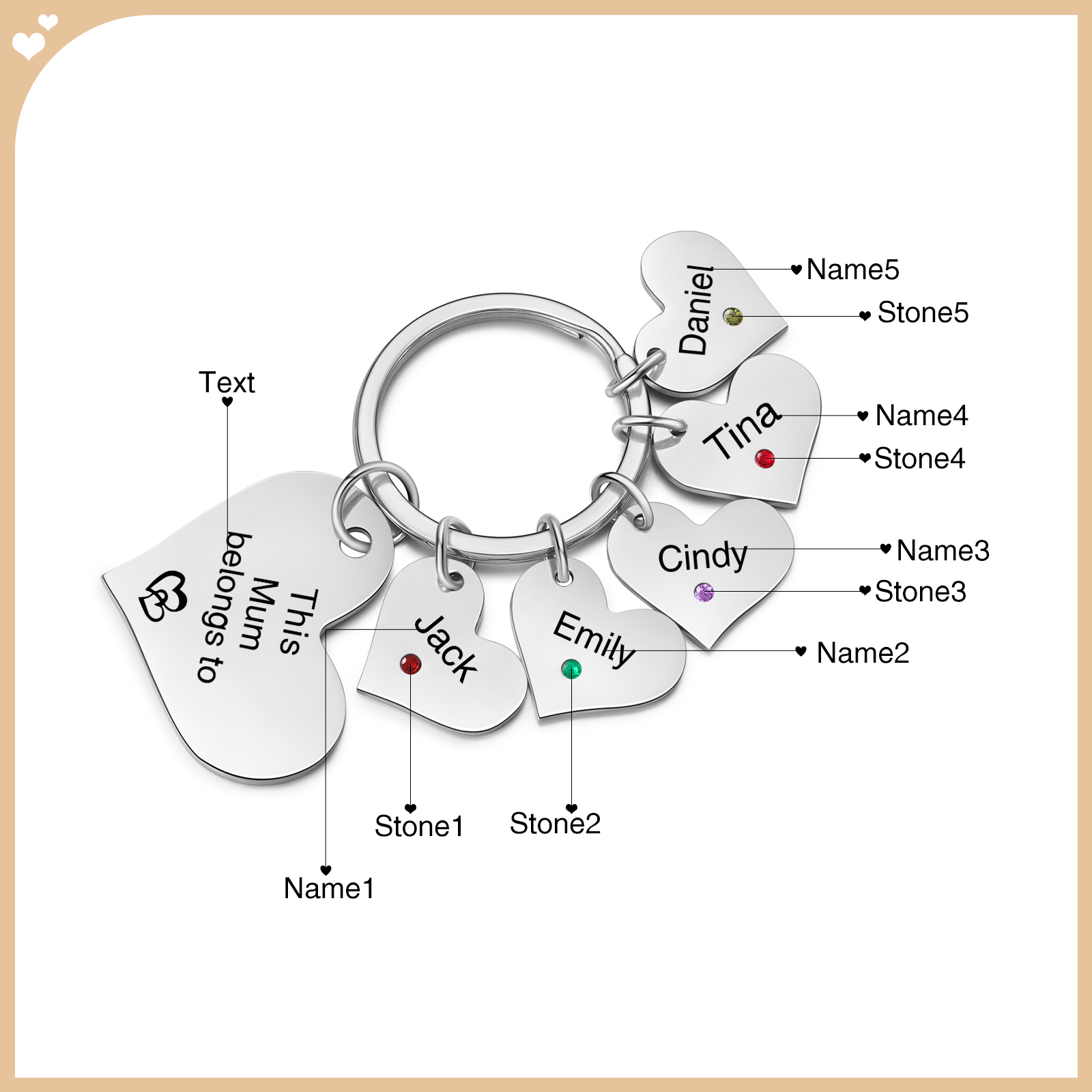 Personalised Heart Keyring – Custom 1-6 Names, Birthstones & Text – "This Mum Belongs To" – Unique Mother's Day Gifts for Her | Jessemade