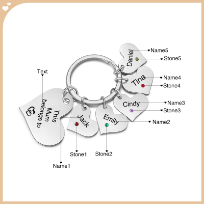 Personalised Heart Keyring – Custom 1-6 Names, Birthstones & Text – "This Mum Belongs To" – Unique Mother's Day Gifts for Her | Jessemade