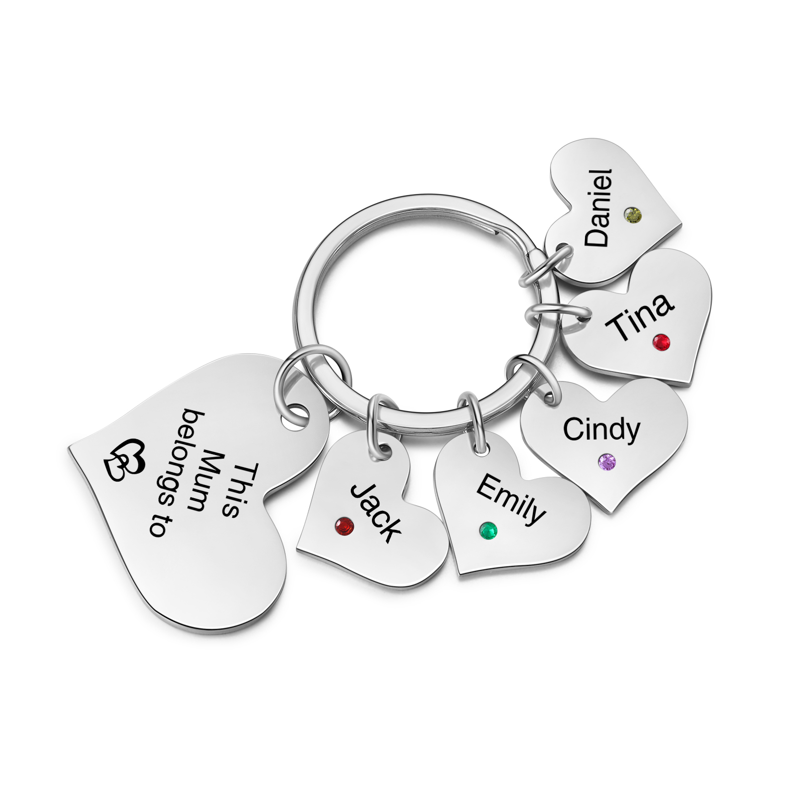 Personalised Heart Keyring – Custom 1-6 Names, Birthstones & Text – "This Mum Belongs To" – Unique Mother's Day Gifts for Her | Jessemade