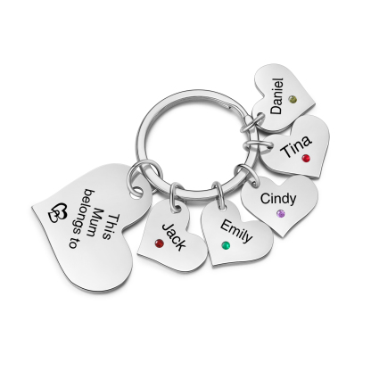 Personalised Heart Keyring – Custom 1-6 Names, Birthstones & Text – "This Mum Belongs To" – Unique Mother's Day Gifts for Her | Jessemade