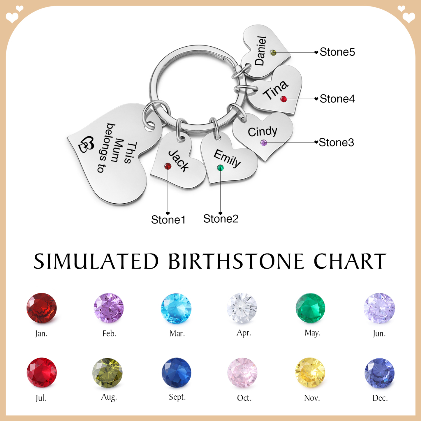 Personalised Heart Keyring – Custom 1-6 Names, Birthstones & Text – "This Mum Belongs To" – Unique Mother's Day Gifts for Her | Jessemade