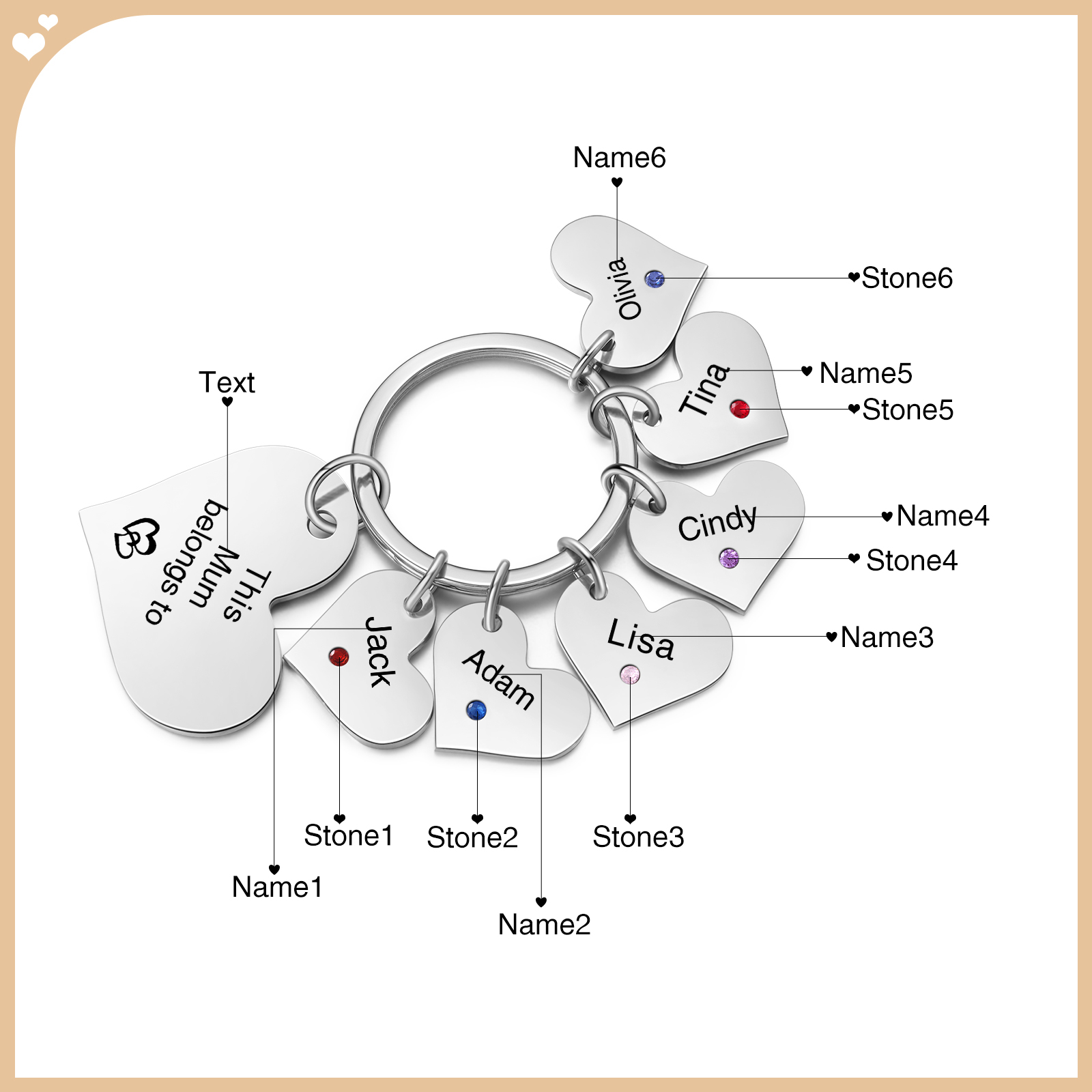 Personalised Heart Keyring – Custom 1-6 Names, Birthstones & Text – "This Mum Belongs To" – Unique Mother's Day Gifts for Her | Jessemade