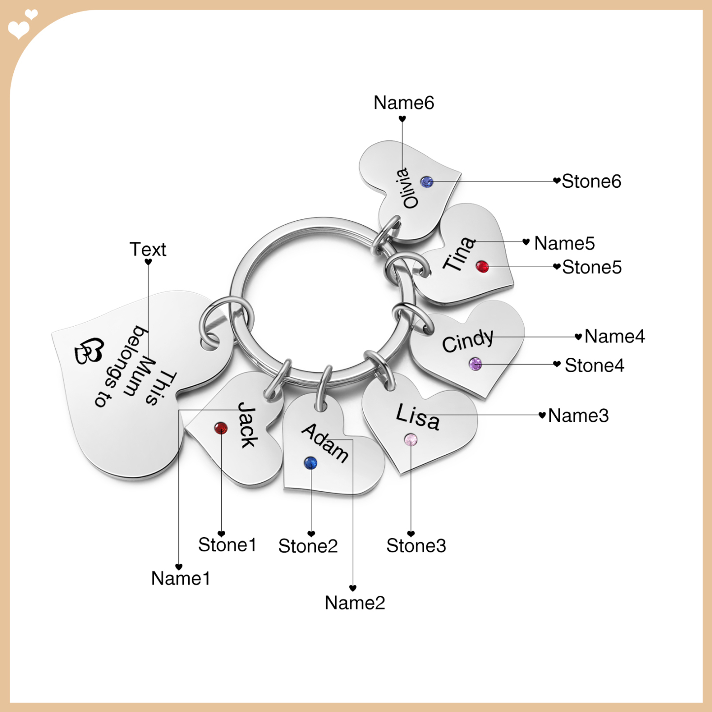Personalised Heart Keyring – Custom 1-6 Names, Birthstones & Text – "This Mum Belongs To" – Unique Mother's Day Gifts for Her | Jessemade