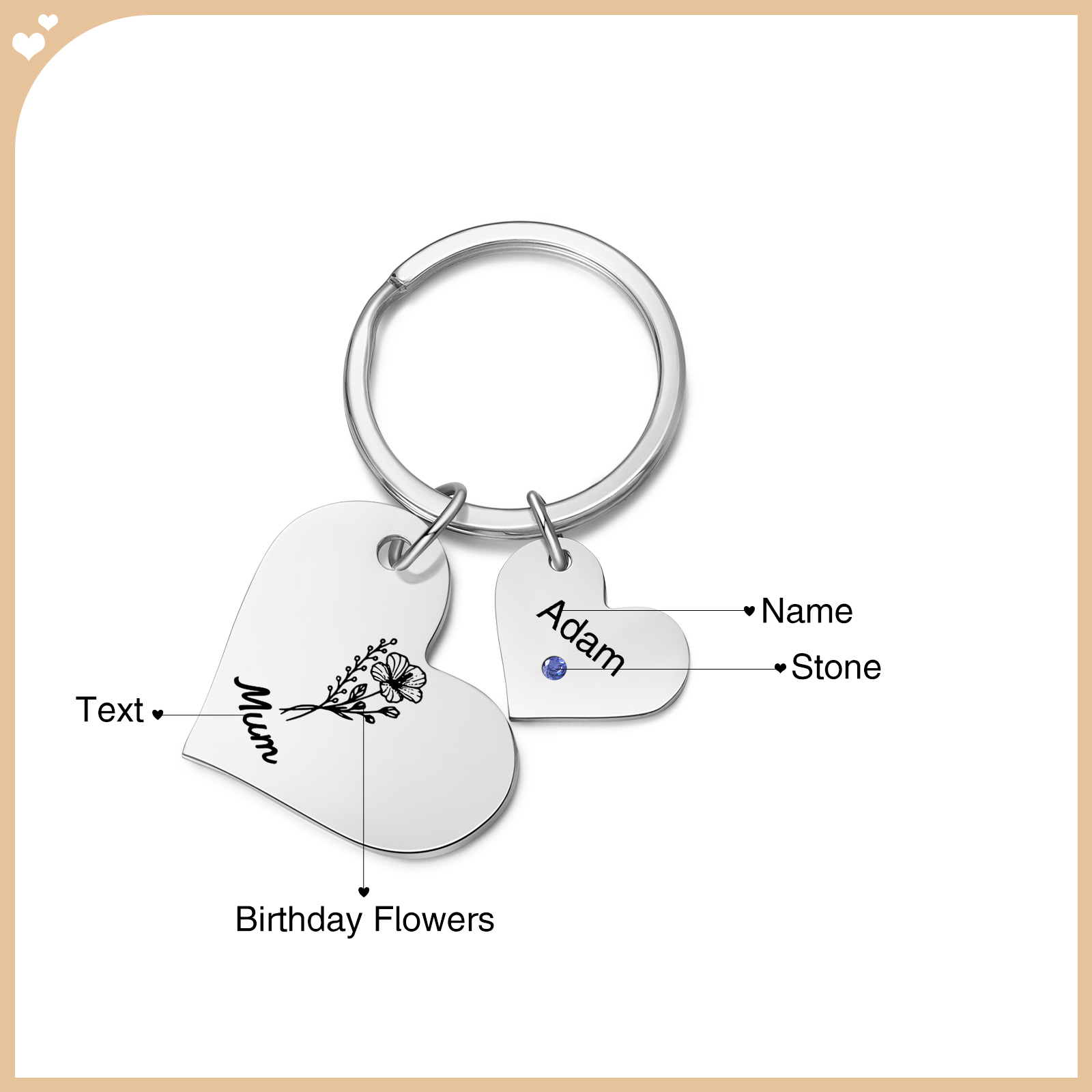 Personalised Heart Keyring – Custom 1-6 Names, Birthstones & Text – Unique Mother's Day Gifts for Her | Jessemade