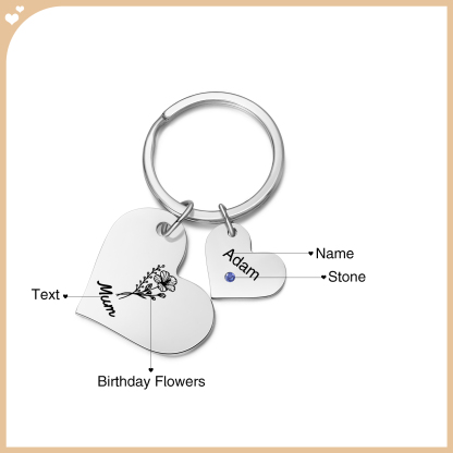 Personalised Heart Keyring – Custom 1-6 Names, Birthstones & Text – Unique Mother's Day Gifts for Her | Jessemade