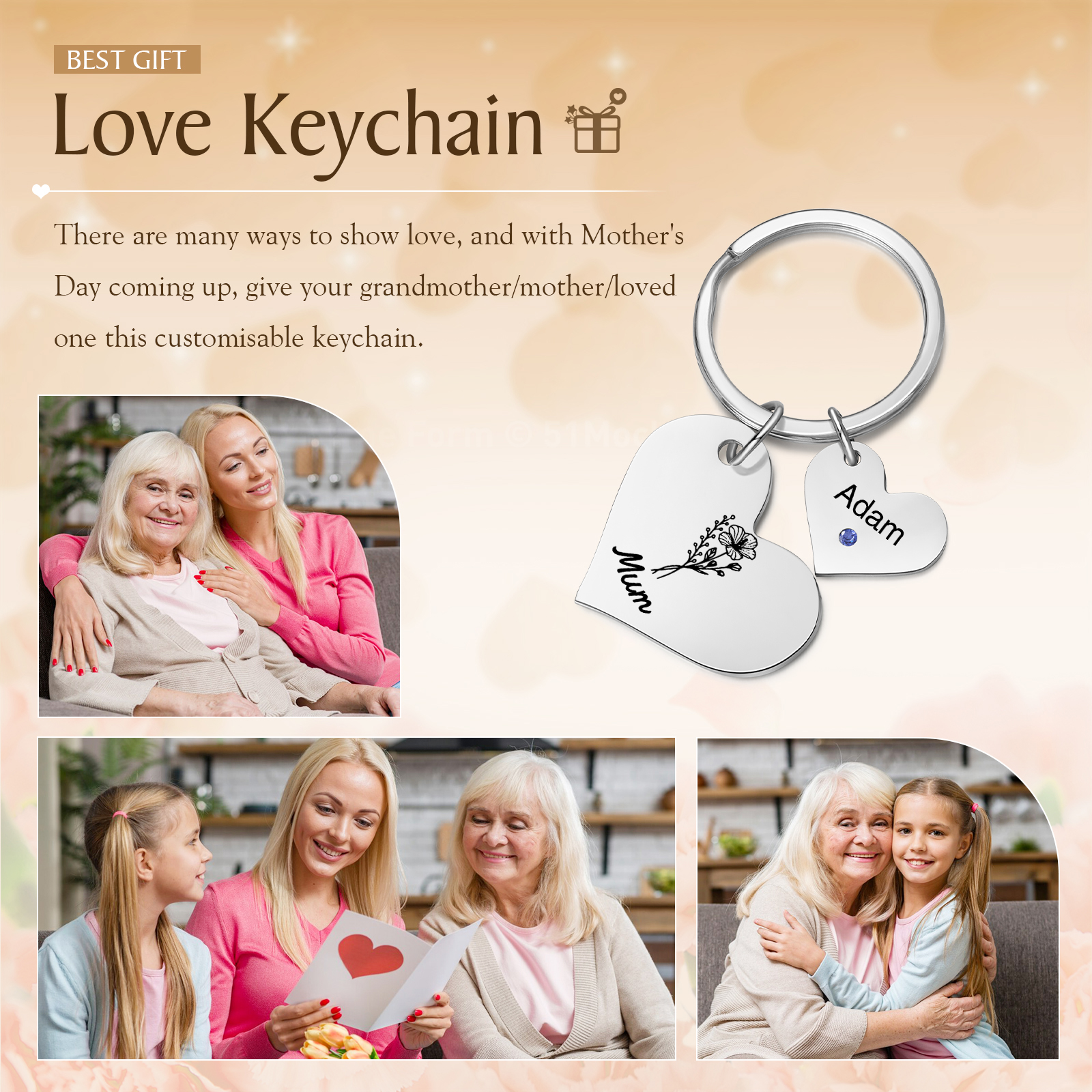 Personalised Heart Keyring – Custom 1-6 Names, Birthstones & Text – Unique Mother's Day Gifts for Her | Jessemade