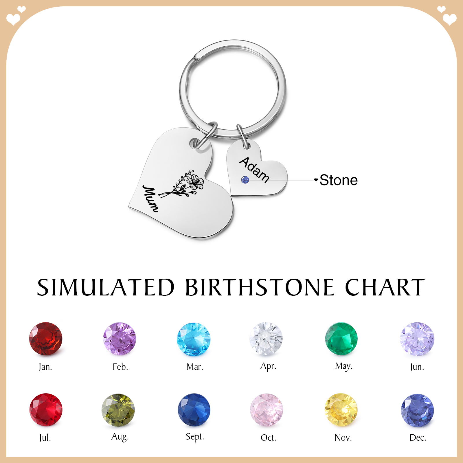 Personalised Heart Keyring – Custom 1-6 Names, Birthstones & Text – Unique Mother's Day Gifts for Her | Jessemade