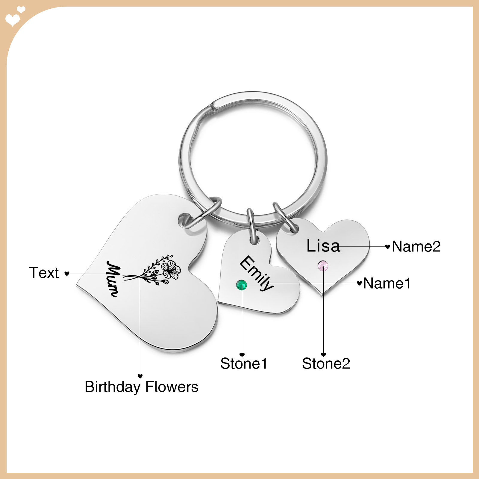 Personalised Heart Keyring – Custom 1-6 Names, Birthstones & Text – Unique Mother's Day Gifts for Her | Jessemade