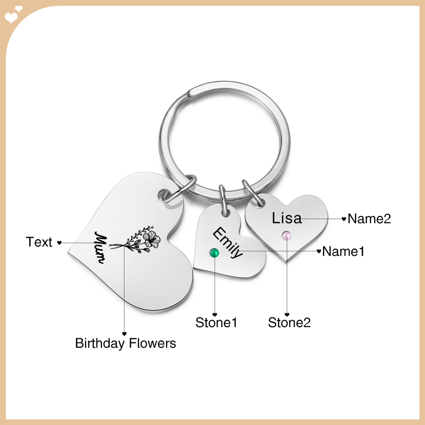 Personalised Heart Keyring – Custom 1-6 Names, Birthstones & Text – Unique Mother's Day Gifts for Her | Jessemade