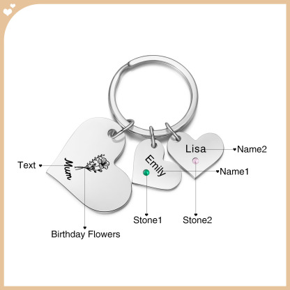 Personalised Heart Keyring – Custom 1-6 Names, Birthstones & Text – Unique Mother's Day Gifts for Her | Jessemade