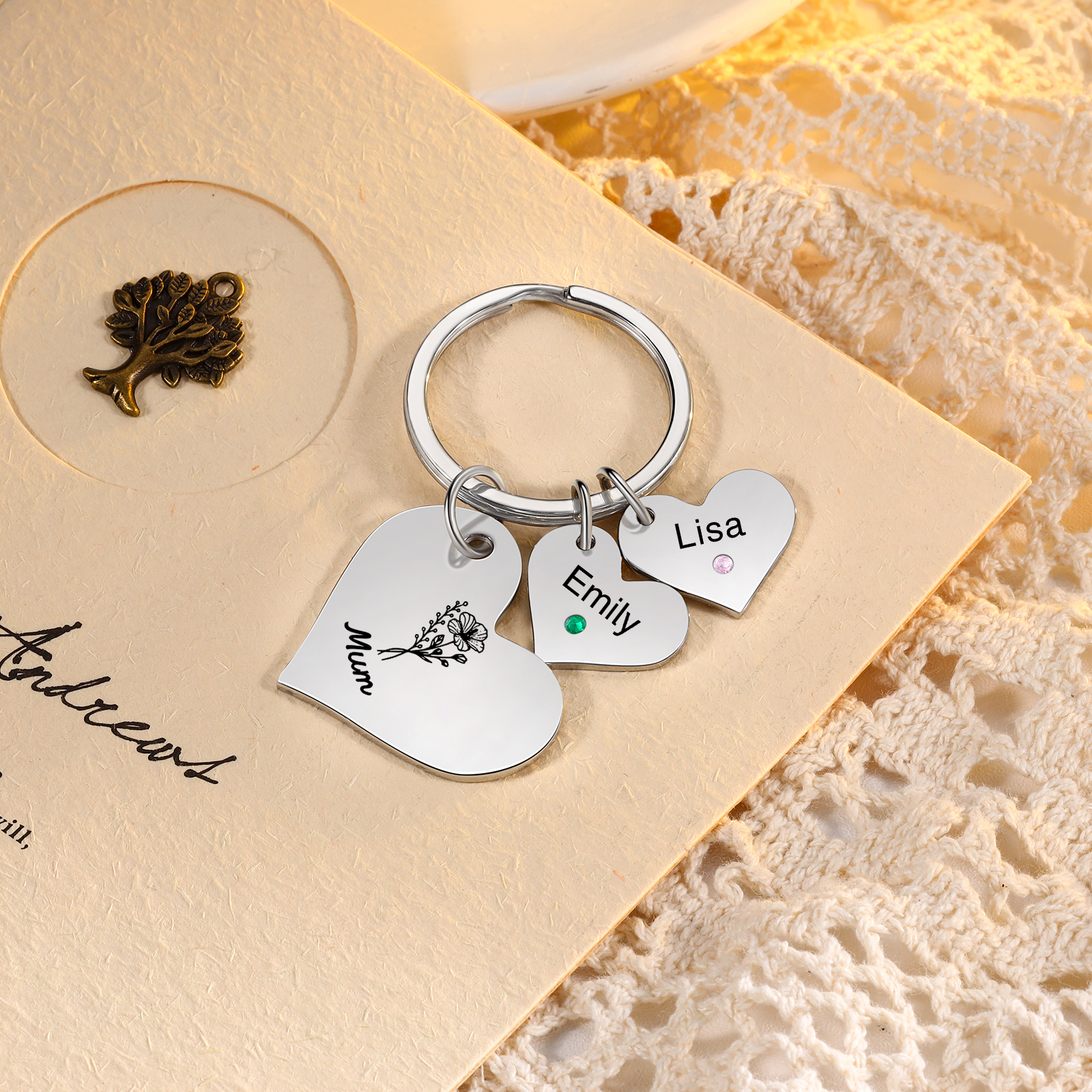 Personalised Heart Keyring – Custom 1-6 Names, Birthstones & Text – Unique Mother's Day Gifts for Her | Jessemade