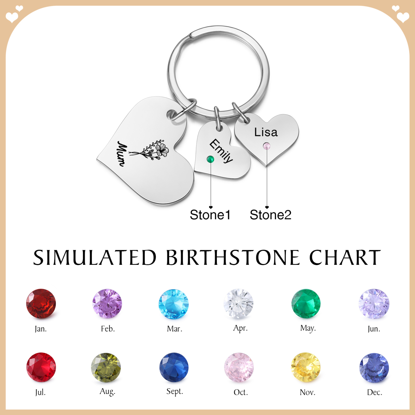 Personalised Heart Keyring – Custom 1-6 Names, Birthstones & Text – Unique Mother's Day Gifts for Her | Jessemade