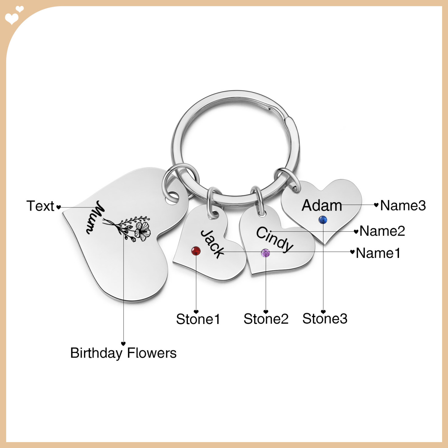 Personalised Heart Keyring – Custom 1-6 Names, Birthstones & Text – Unique Mother's Day Gifts for Her | Jessemade