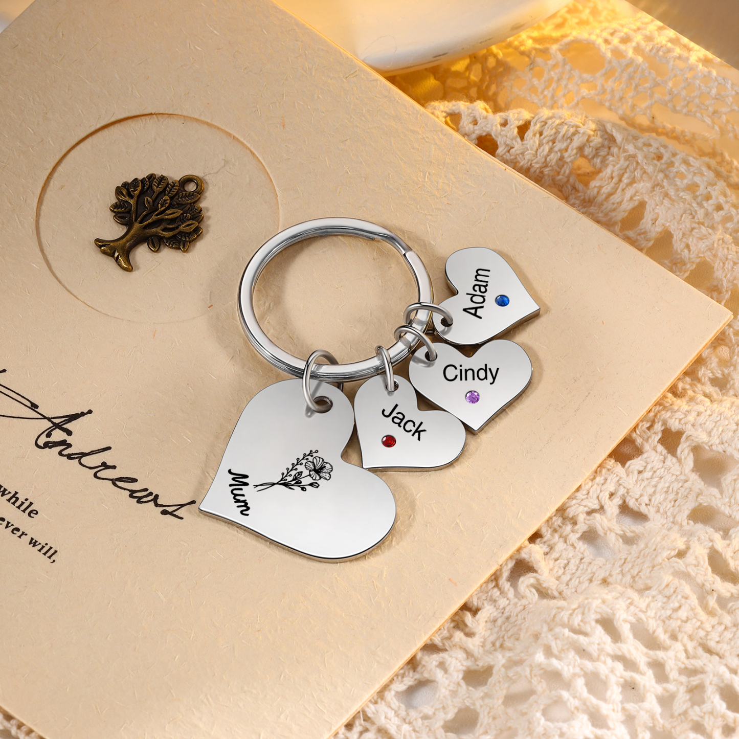 Personalised Heart Keyring – Custom 1-6 Names, Birthstones & Text – Un