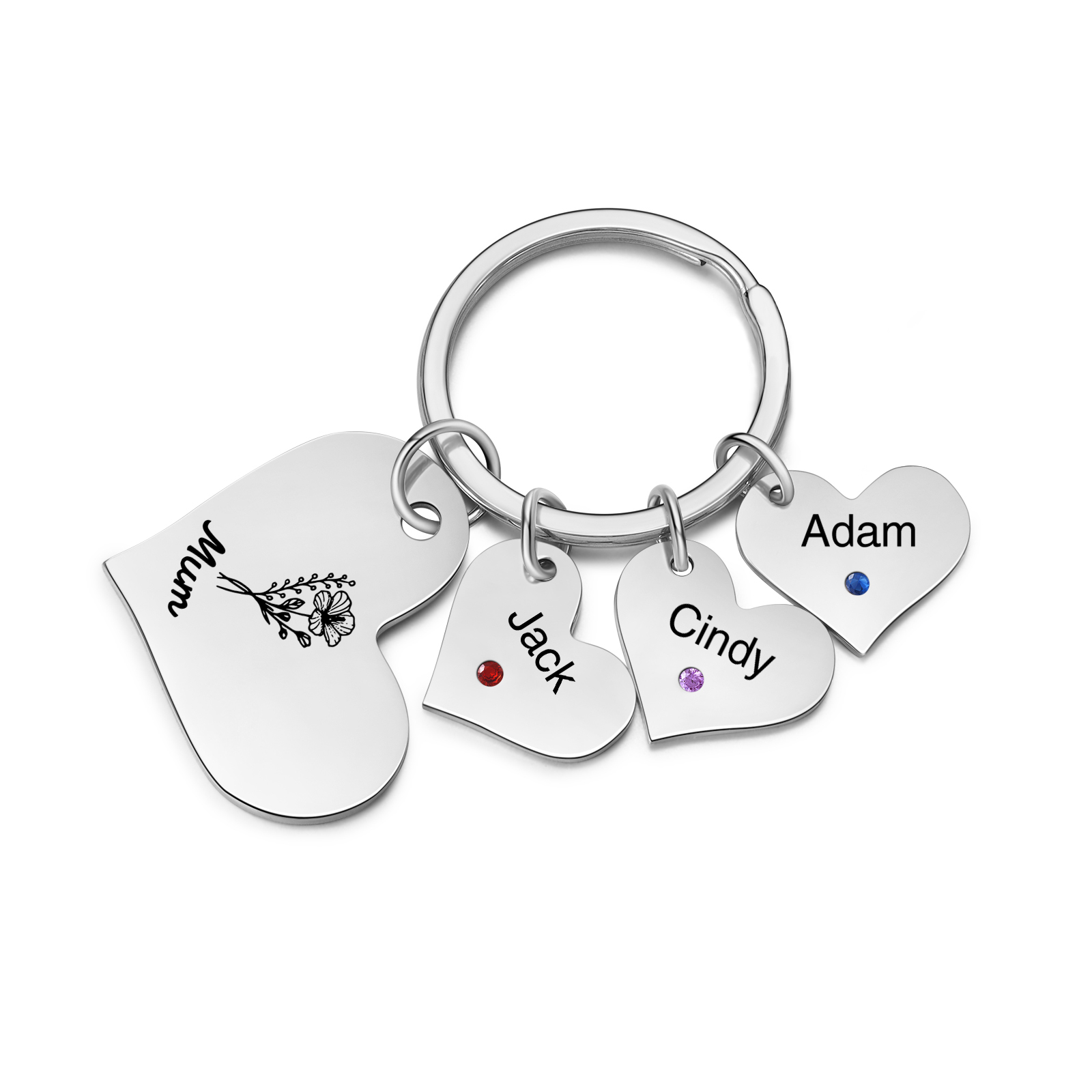 Personalised Heart Keyring – Custom 1-6 Names, Birthstones & Text – Unique Mother's Day Gifts for Her | Jessemade