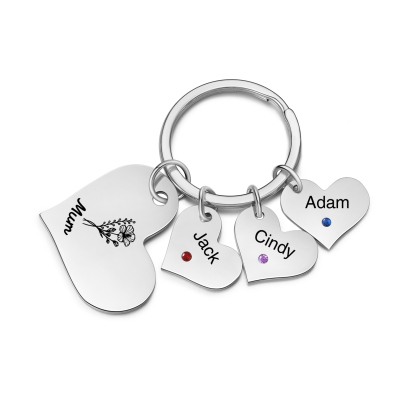 Personalised Heart Keyring – Custom 1-6 Names, Birthstones & Text – Unique Mother's Day Gifts for Her | Jessemade