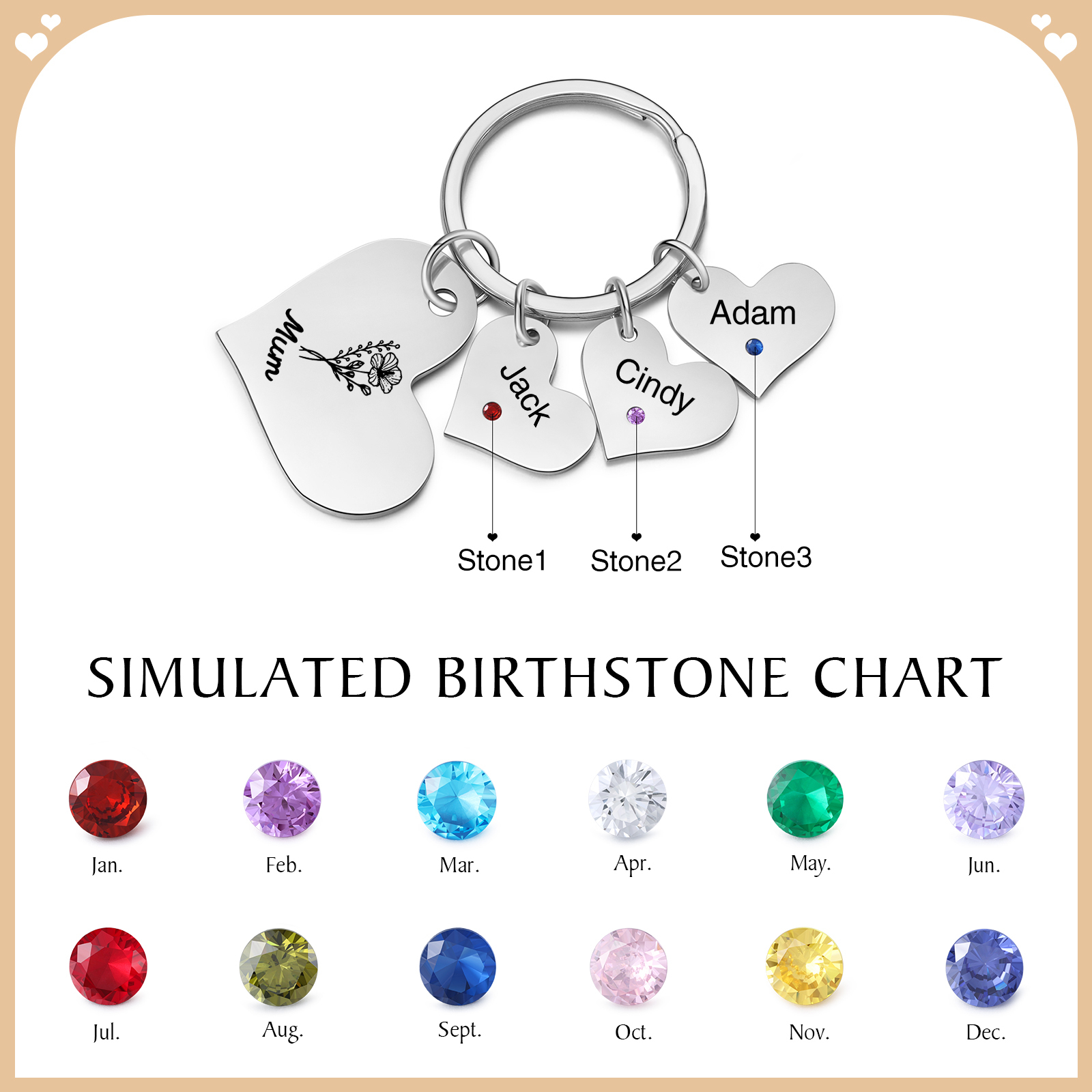 Personalised Heart Keyring – Custom 1-6 Names, Birthstones & Text – Unique Mother's Day Gifts for Her | Jessemade