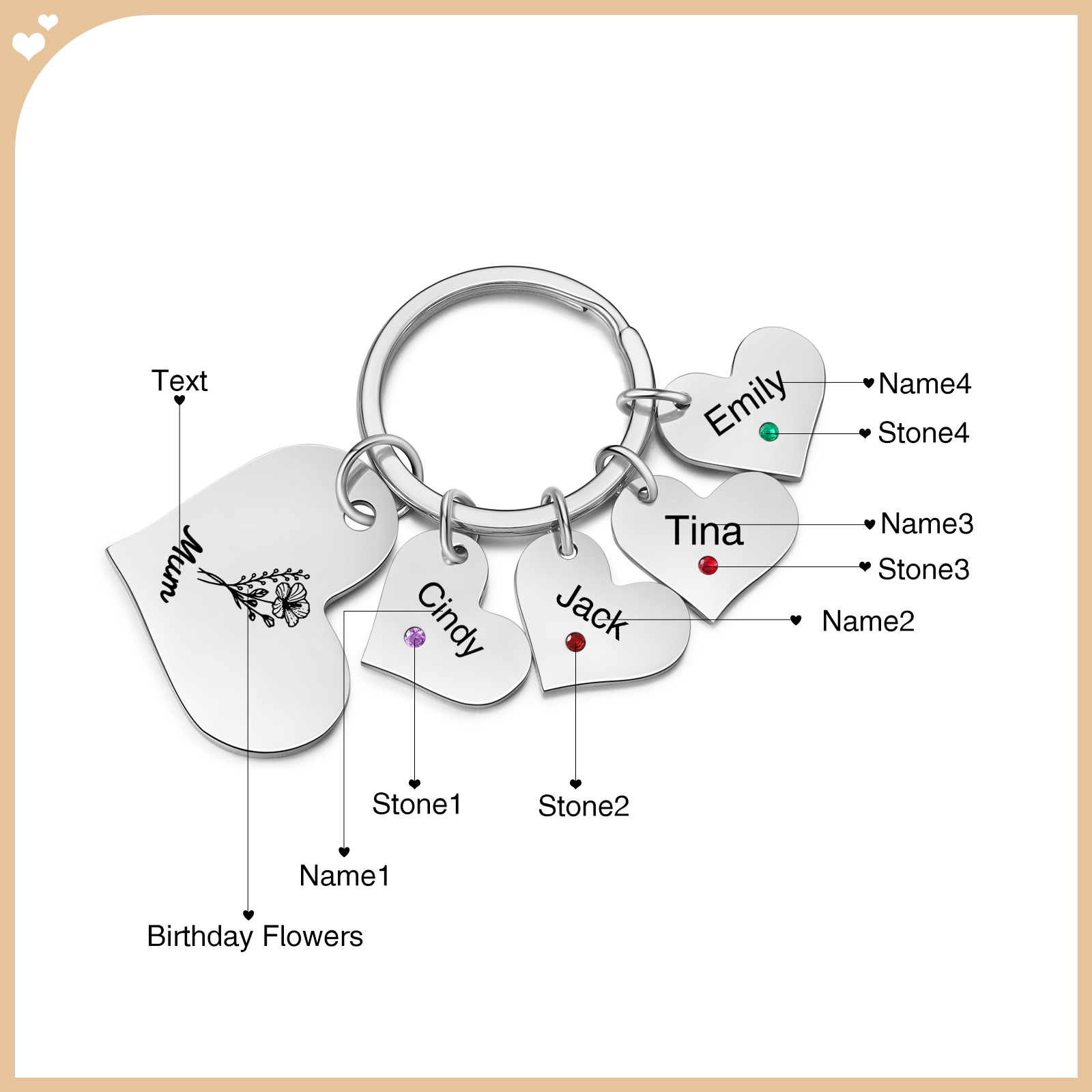 Personalised Heart Keyring – Custom 1-6 Names, Birthstones & Text – Unique Mother's Day Gifts for Her | Jessemade