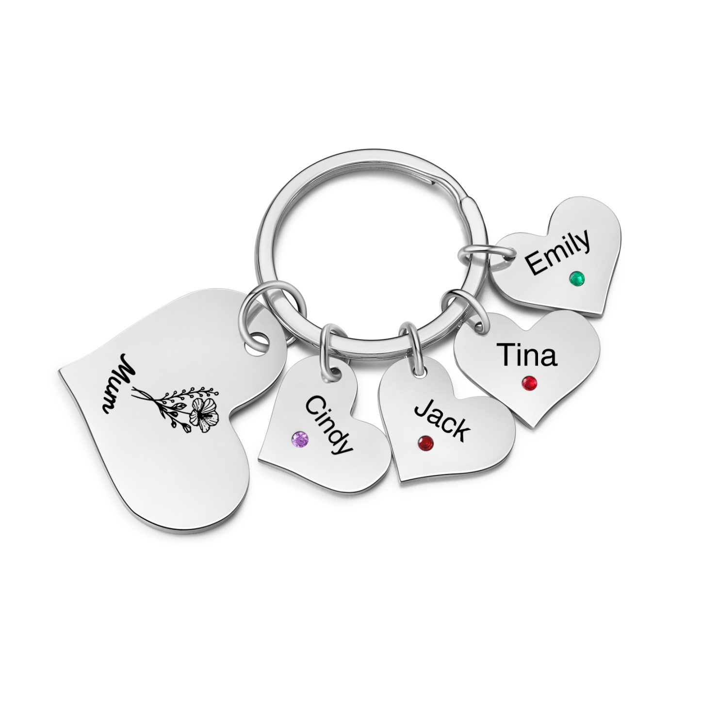 Personalised Heart Keyring – Custom 1-6 Names, Birthstones & Text – Unique Mother's Day Gifts for Her | Jessemade