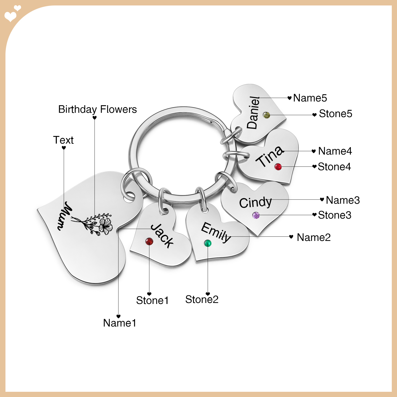 Personalised Heart Keyring – Custom 1-6 Names, Birthstones & Text – Unique Mother's Day Gifts for Her | Jessemade