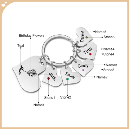 Personalised Heart Keyring – Custom 1-6 Names, Birthstones & Text – Unique Mother's Day Gifts for Her | Jessemade